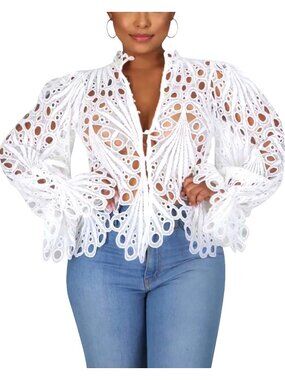 🆕Women’s All White Lace Ruffle Puff Long Sleeve Button Down Tops Flare Tunic
